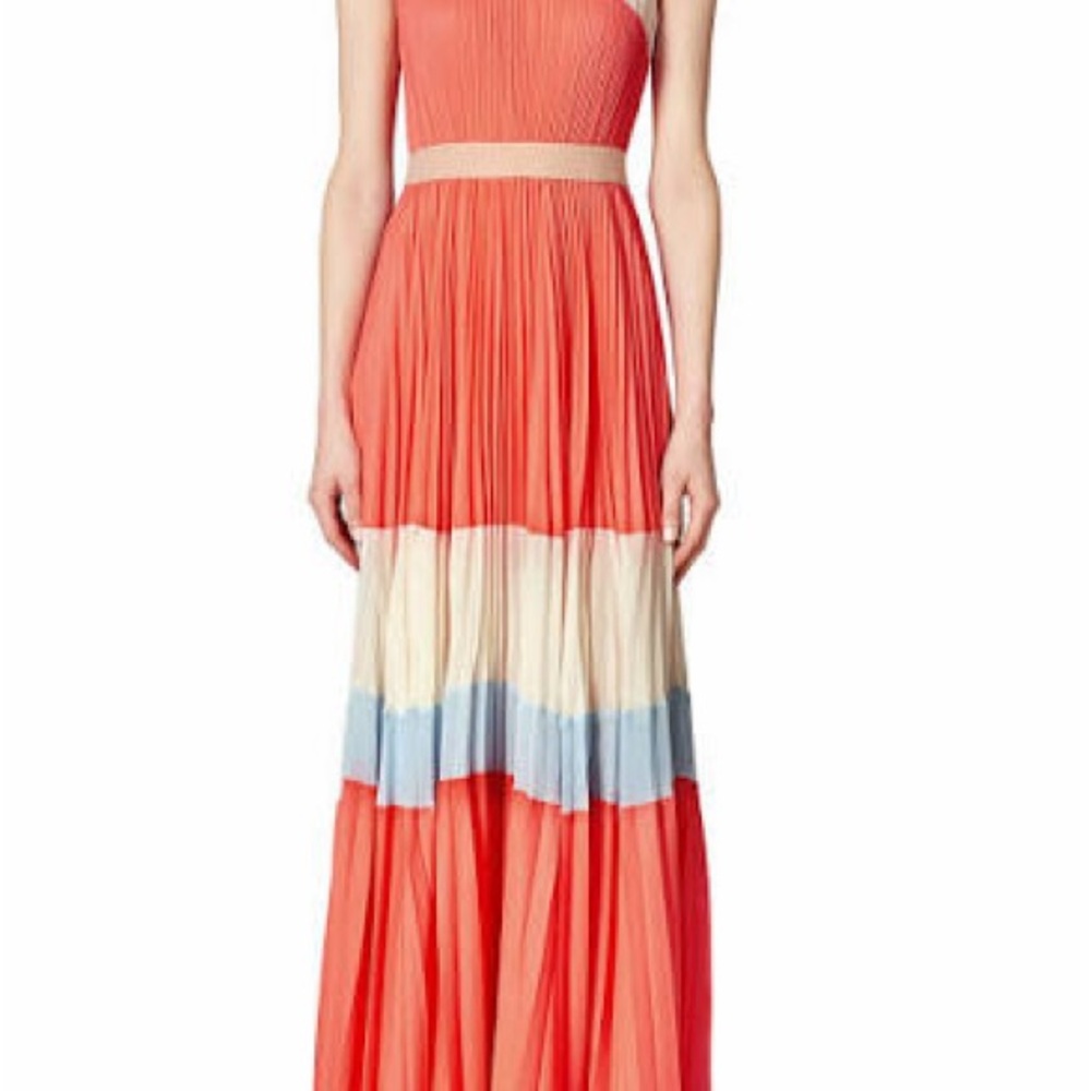 BCBGMaxAzria Coral One-Shoulder Colorblock Pleated Maxi Dress